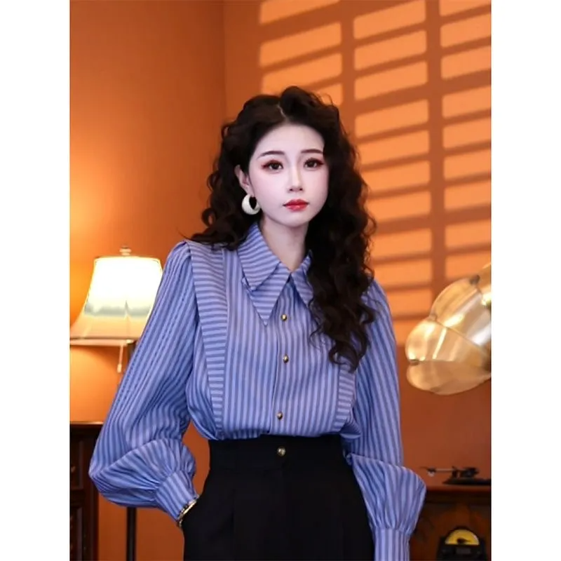 Blue Striped Long-sleeved Shir - Summer Clothing In French ulasan dan harga