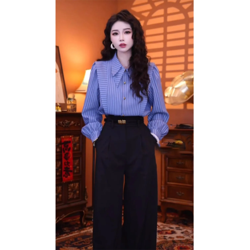 Blue Striped Long-sleeved Shir - Summer Clothing In French ulasan dan harga