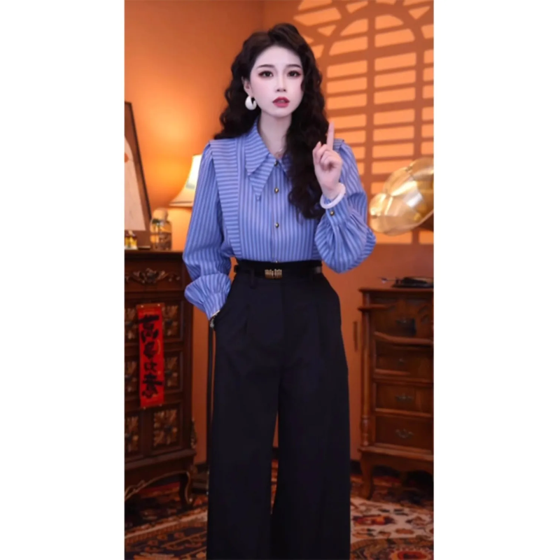 Blue Striped Long-sleeved Shir - Summer Clothing In French ulasan dan harga