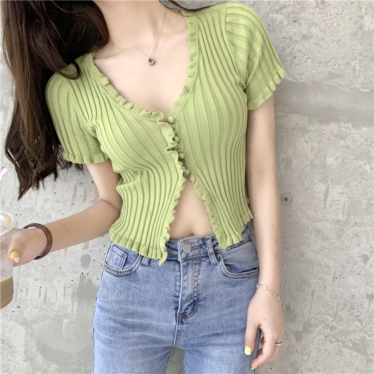 Ruffled Rib Knit Cardigan Shor - Summer Clothing Teens ulasan dan harga
