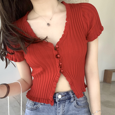 Ruffled Rib Knit Cardigan Shor - Summer Clothing Teens ulasan dan harga