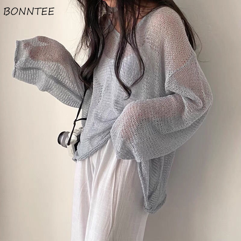 Thin Pullovers Women Knit Holl - Summer Clothing Yarn ulasan dan harga
