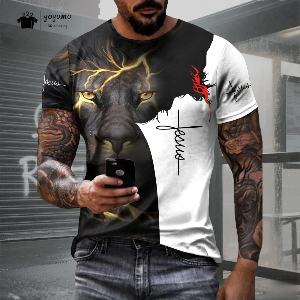 Mens Lion Print Short Sleeve C - Summer Clothing Essentials Men ulasan dan harga